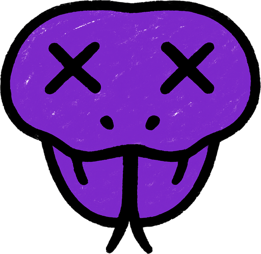 cabeza de serpiente morada con x en los ojos.
In-Game asset.  High contrast.  No shadows. 2d draw, kid draw, simple, minimalistic
