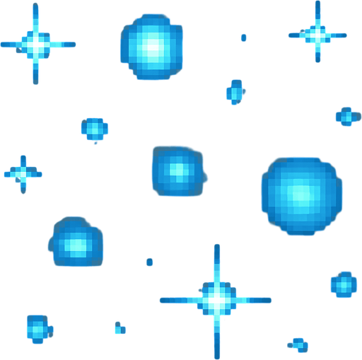 "2D pixel art of glowing blue sparkle effects. Multiple soft, magical blue glows of different sizes are scattered across the canvas, each with a bright core and a gentle radiant halo. Some glows are small star-like sparkles, while others are circular energy pulses or twinkling particles. The blue tones range from light cyan to deep magical blue, giving the effect a mystical and fantasy feel. Designed in a clean, classic 16-bit RPG pixel art style. Transparent background.".
In-Game asset.  2d.  High contrast.  No shadows