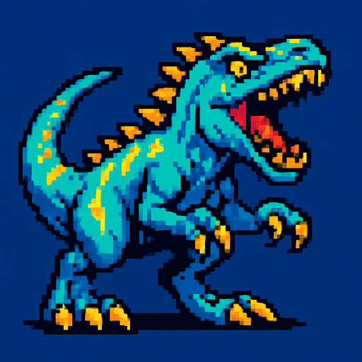 90'lardaki retro oyun dinazoru. vahşi olsun. mavi ile sarı karışımı bir renk olsun
In-Game asset.  2d.  High contrast.  No shadows