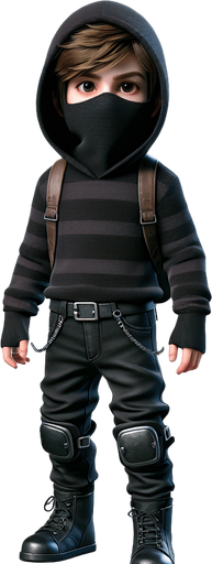 A ninja kid thief, full body, with a dark colored hoodie.
Single Game Texture. In-Game asset. 2d. Blank background. High contrast. No shadows.