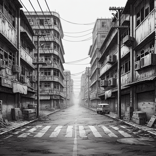 background of an abandoned street.
Single Game Texture. In-Game asset. 2d. Blank background. High contrast. No shadows.