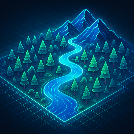 Top down isometric anime forest River mountains neon map grid hologram