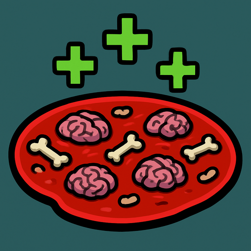 A healing blood pool with circular zombie brain and bone particles. Green + (healing) symbols on top. 2D..
In-Game asset.  2d.  High contrast.  No shadows