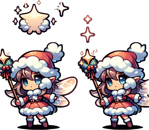 a cute little fairy standing with a santa hat and a magic wand Single Game Texture. In-Game asset. 2d. Blank background. High contrast. No shadows.