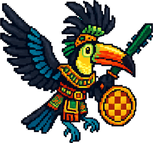 Generame un guerrero azteca con patrones, estilo pixelar, además será Tucán toco , unidad voladora con alas, con efectos de viento. Tiene que ser un animal..
In-Game asset.  2d.  High contrast.  No shadows