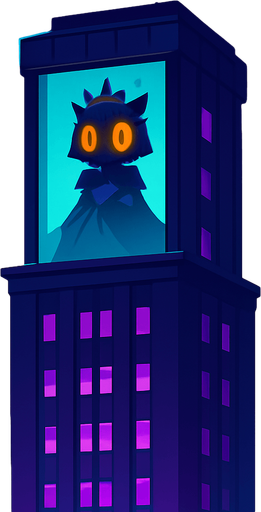 A cinematic 2D cartoon-style night cityscape featuring a tall, dark purple skyscraper with glowing violet lights. From a distant view, on the top floor, a large glass window reveals the silhouette of a mysterious owl princess. She has a crown, flowing dress, and large glowing orange eyes, barely visible behind the glass. The building reflects moonlight, surrounded by other modern towers and misty clouds. The owl silhouette gives a feeling of sorrow or urgency. High detail background, vector-style with vibrant contrast, no shadows, magical atmosphere. Game-ready, dramatic storytelling frame..
In-Game asset.  2d.  High contrast.  No shadows