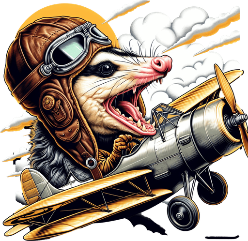 Opossum in aviator cap, flying bi plane. Realistic Opossum , screaming opossum, ugly art style, meme, mouth open, side view
Single Game Texture. In-Game asset. 2d. Blank background. High contrast. No shadows.