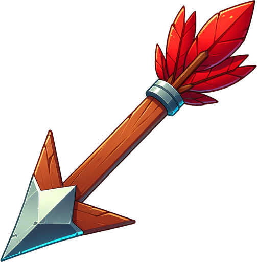 a wooden arrow with red feathers and a metal arrow head. Completely vertical orientation. Cartoon.
Single Game Texture.  In-Game asset.  2d.  Blank background.  High contrast.  No shadows