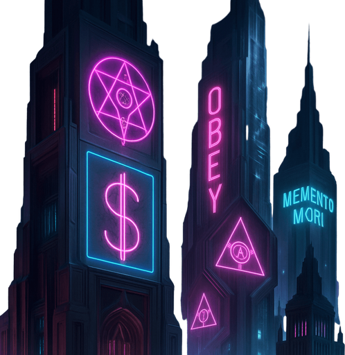 Neon cyberpunk skyscraper occult corporate logos-mixed with dark esoteric sigils capitalist subliminal commands 3d holograms billboards projections brutalist sleek architecture futuristic architecture multidimensional towering city spires glowing