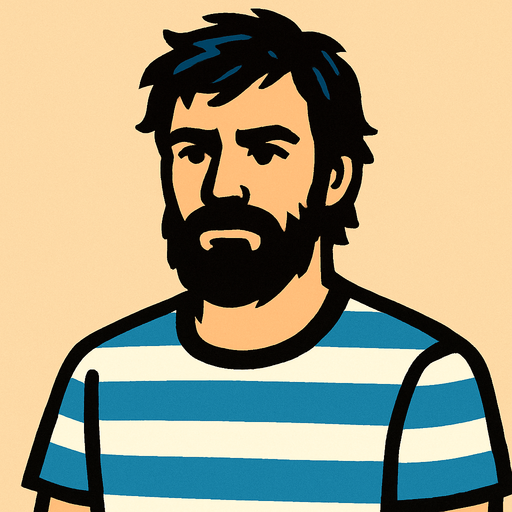 Un tipo con barba y pelo mediano que tenga una camiseta con rayas blancas y celestes.
In-Game asset.  High contrast.  No shadows. 2d