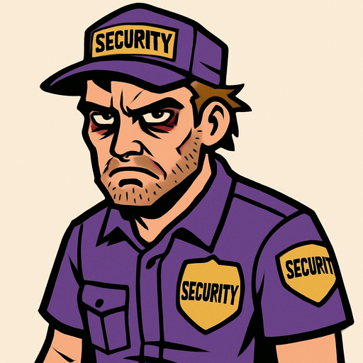 A 30-something security guard in a purple uniform, looking tired and vengeful..
In-Game asset.  2d.  High contrast.  No shadows