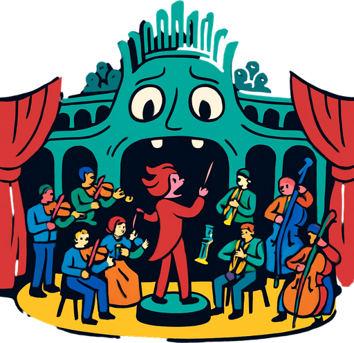 Orquesta de una Sala de Conciertos Viviente.
In-Game asset.  2d.  High contrast.  No shadows