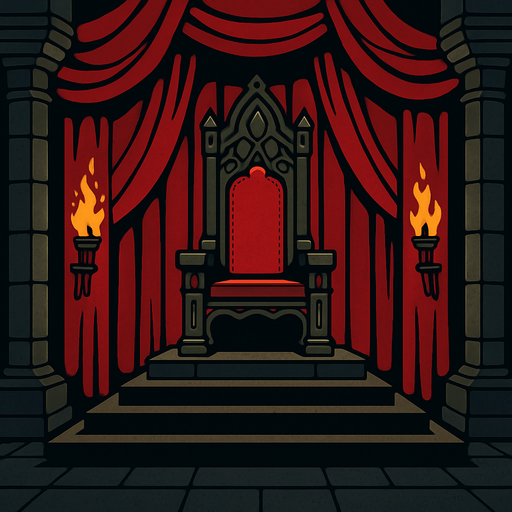 An imposing medieval throne room draped in red velvet, dark stone pillars, torches casting shadows, the throne elevated above all. realistic

In-Game asset.  2d.  High contrast.  No shadows