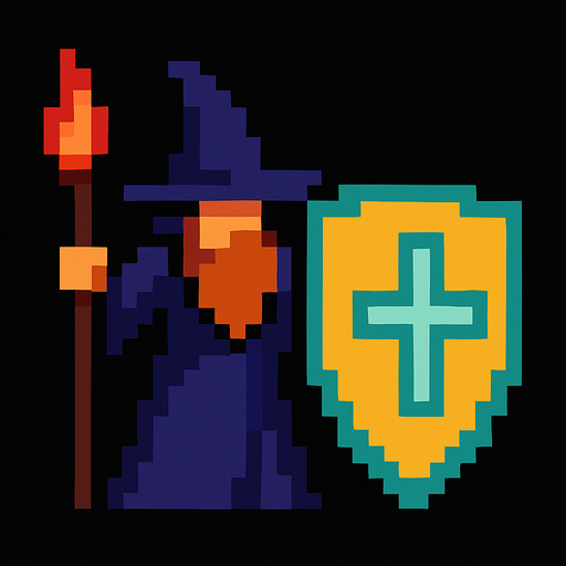 piksel kalkanlı büyücü.
In-Game asset.  2d.  High contrast.  No shadows