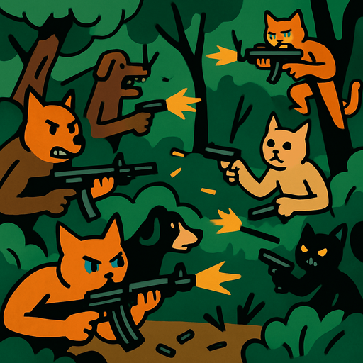 silahlı çaatışma içinde olan kediler ve köperklerle dolu bir orman.
In-Game asset.  2d.  High contrast.  No shadows