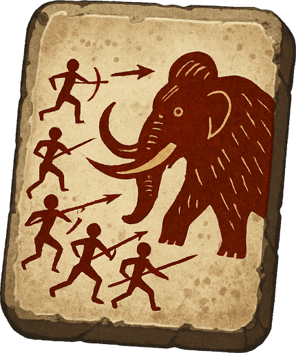 Card packet made out of stone with a Tribal drawing of people Hunting a wolly Mammoth.
In-Game asset.  2d.  High contrast.  No shadows