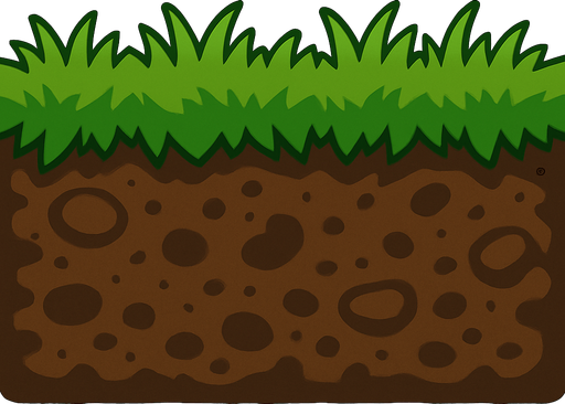 the soil covering the entire image and extending horizontally and the greenery (short grass) on top of it.
In-Game asset.  2d.  High contrast.  No shadows