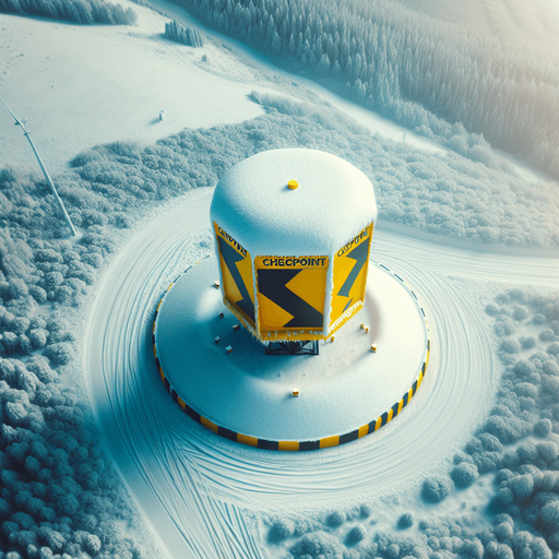 Photorealistic Yellow Checkpoint rally roadsignal covered by snow, drone view.