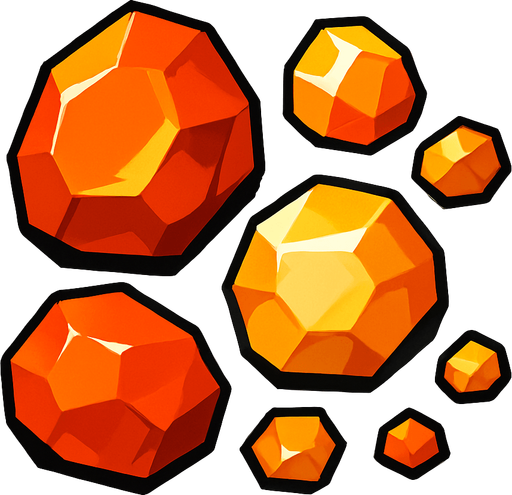 Chunky, crystalline fragments

```
- Shape: Angular, geometric crystal-like chunks
- Colors: Orange-red (#FF4400), yellow (#FFAA00), white
- Surface: Slightly reflective, faceted appearance
- Size variations: 3 different sizes (small, medium, large).
In-Game asset.  2d.  High contrast.  No shadows