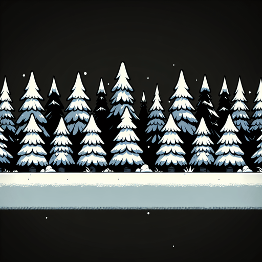 Tree line of snowy pine trees. Cartoon. Black background.
Single Game Texture. In-Game asset. 2d. Blank background. High contrast. No shadows.