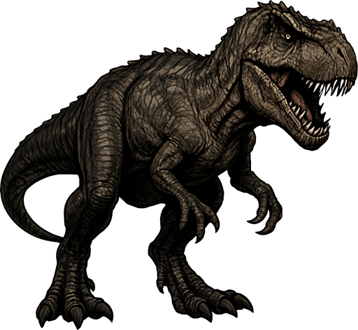 A massive Giganotosaurus dinosaur with rough, dark brown and gray scaly skin. It has a large, powerful head with sharp teeth visible in a slightly open mouth. The muscular body shows visible muscle definition and thick, tough skin. The claws are sharp, and the stance is aggressive and dominant..
In-Game asset.  2d.  High contrast.  No shadows