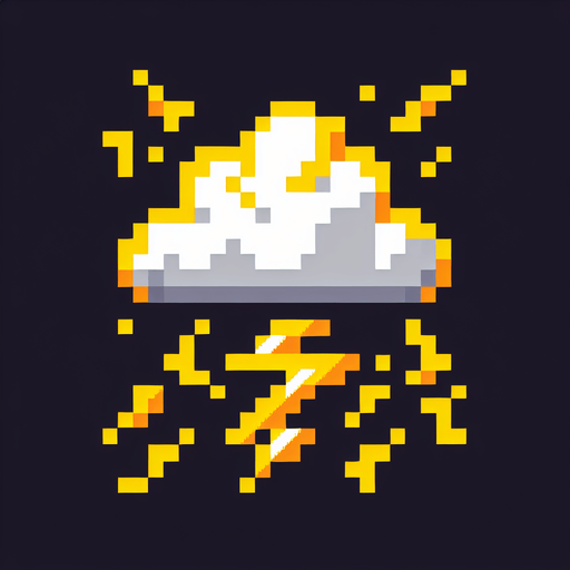 8-bit cloud with lightning. in game asset. white cloude. yellow lighning. Single Game Texture. In-Game asset. 2d. Blank background. High contrast. No shadows.
