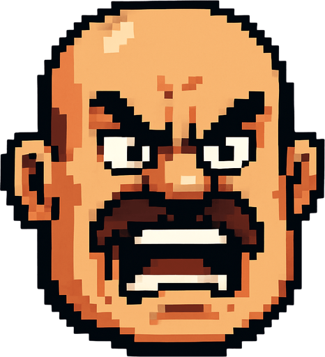 boss bald moustache angry head pixel art 2d..
In-Game asset.  2d.  High contrast.  No shadows