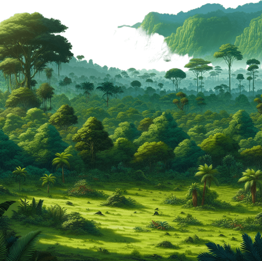 It's a 2D planar background. It's a jungle with green grass growing all over the ground and thick forests surrounding it..
Single Game Texture. In-Game asset. 2d. Blank background. High contrast. No shadows.