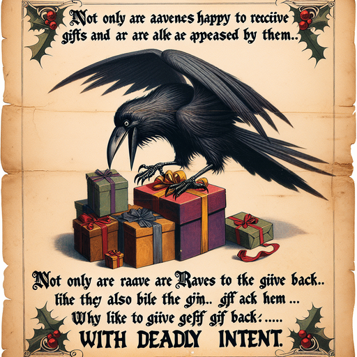 a pergament with a raven stealing a christmas present on the top. At the bottom is the text: "Not only are ravens happy to receive gifts and are appeased by them, they also like to give the gift back... with deadly intent."