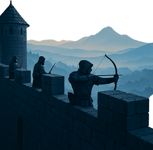 A high medieval castle wall overlooking the land, stone parapets with archers, distant mountains in the fog, early dawn light, realistic.
In-Game asset.  2d.  High contrast.  No shadows