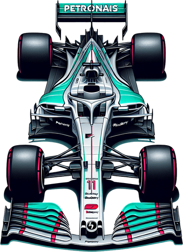 Silver f1 mercedes race car with turquoise green lines and REARwings and white "PETRONAIS" text on wings.
Red race number on car nose. black Blackberry text on sides. Top view.