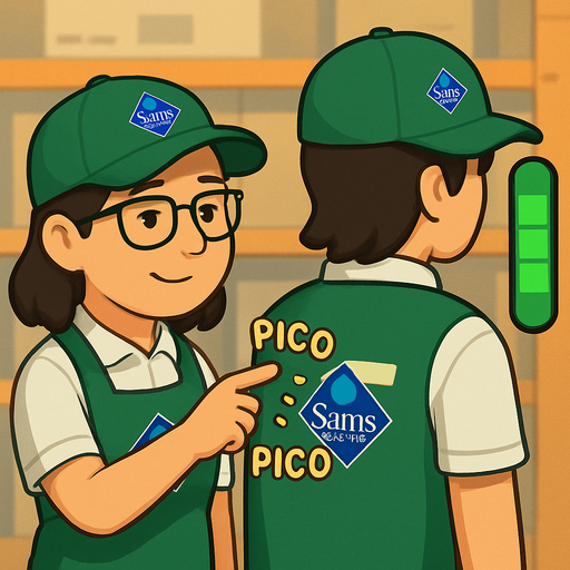 Ambos deberan ser trabajadores de sams club, gorra verde con el logo, la chica de la izqueirda debera usar lentes, polo blanca, mandil verde con el logo del trabajo.
EL chico de la derecha, pelo negro un poco alrgo, gorra igual verde y el amndil.

Igual el de la derecha usara playera de polo blanca.

Y al ededor de la mano que esta tocando deberia decir PICO PICO, COMO SI FUERA UN EFECTO DE SONIDO AL TOCARLO