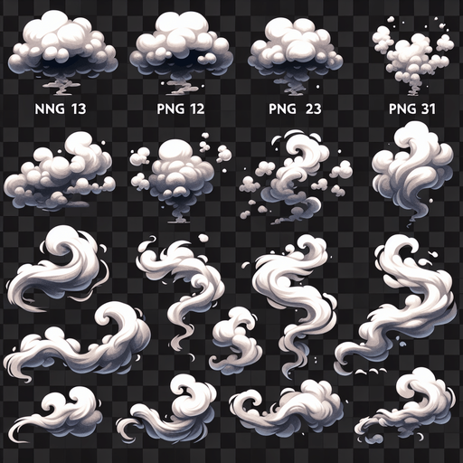 sprite sheet of smoke effect png.
Single Game Texture. In-Game asset. 2d. Blank background. High contrast. No shadows.