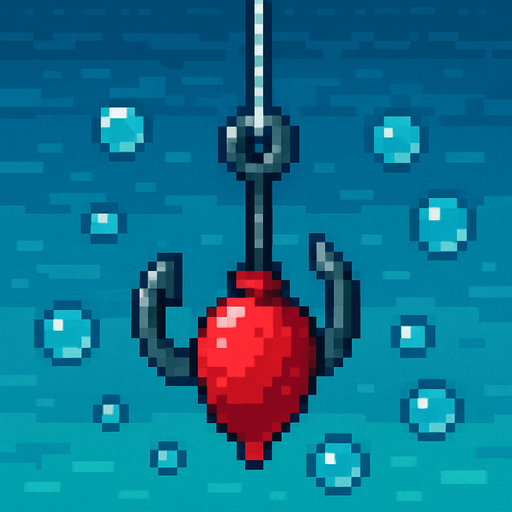2D pixel art of a fishing hook with a red bait attached, hanging in water with bubbles, retro 16-bit style..
In-Game asset.  2d.  High contrast.  No shadows
