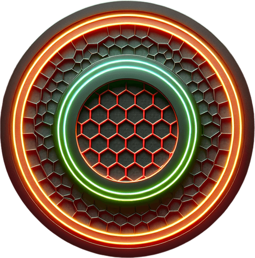PHOTOREALISTIC Simple black circular arena with honeycomb pattern. 
In the center is a neon green circle with a circle colored red along the edge. 
TOP VIEW.