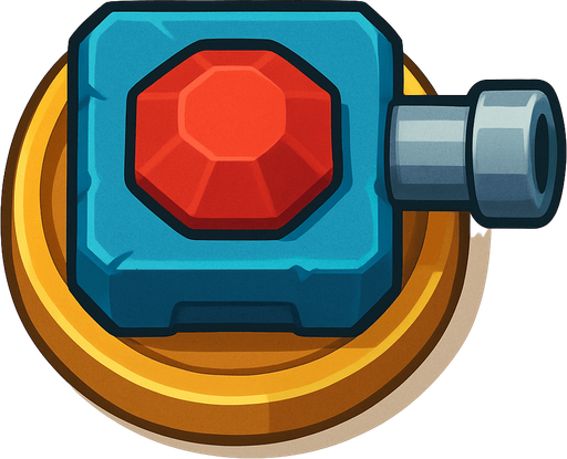 Crea la Torre Default en un estilo 2D renderizado, limpio y cartoonish, con contornos claros y definidos, colores vibrantes con transiciones suaves, y sombreado que da volumen a sus superficies superiores.
La perspectiva debe ser VISTA CENITAL (totalmente desde arriba). Esto significa que la torre se verá como si estuviera siendo observada directamente desde arriba, con los detalles de su parte superior siendo prominentes.
La base de la torre debe ser circular para permitir un movimiento de cañón cómodo. El cañón o la ranura de disparo debe estar orientado hacia la DERECHA en su diseño base (desde la vista cenital).
La torre debe tener un perfil bajo y la menor cantidad de relieve vertical posible para facilitar una rotación fluida en la animación..
In-Game asset.  2d.  High contrast.  No shadows