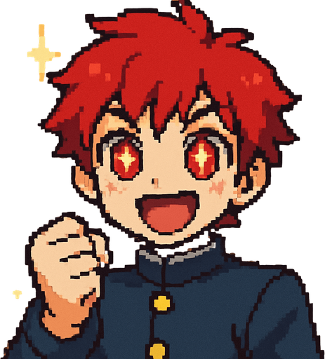 A kawaii anime boy with intense red eyes, each containing shining stars. He raises his fist forward with determination, wearing a wide, open smile full of enthusiasm. Sparkles and glimmers float around him, symbolizing hope. The entire scene is rendered in Pixel Art style.