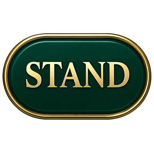 Crea un asset visual para el botón 'STAND' (Plantarse) para la mesa de Blackjack de lujo.

Objetivo: Un botón claro y elegante que permita al jugador finalizar su turno, coherente con la opulencia del casino.

Diseño:

Forma: Óvalo o rectángulo con bordes suaves, prominente y fácil de pulsar.

Texto Central: La palabra 'STAND' (o 'PLANTARSE') en mayúsculas, con tipografía audaz, limpia y elegante de casino.

Color: Base en un color que contraste con 'HIT' y 'DEAL' pero mantenga la elegancia. Considera un verde esmeralda profundo o un azul zafiro, con acabado metálico o pulido.

Borde: Un borde brillante en dorado o plateado.

Efectos (si Upit lo permite):

Sutil efecto de relieve o biselado para darle profundidad.

Un ligero brillo o resplandor que lo haga destacar.

Textura que simule metal pulido o un material lujoso.

Fondo: Asset independiente con fondo transparente.

Sensación: Debe transmitir decisión, control y la profesionalidad del juego..
In-Game asset.  2d.  High contrast.  No shadows