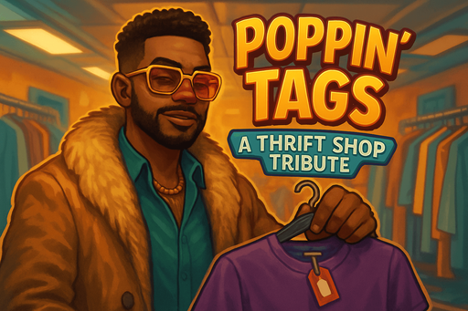portrait banner, high definition, for a game titled "Poppin' Tags: A Thrift Shop Trubute"