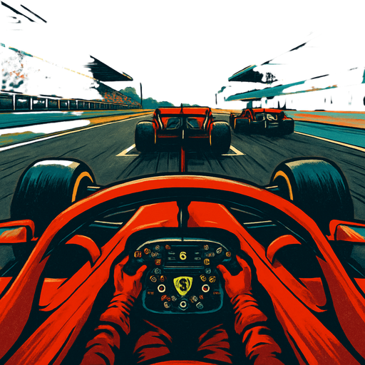 formula 1 start line Only two vehicles in front (from the driver's perspective inside the car).(Don't let the lights show) in the ferrari car. (look like a quality animation)
. High contrast.