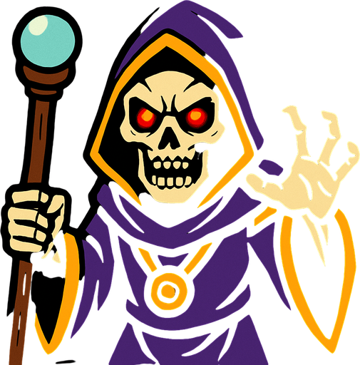 un hechizero esqueleto les mira de forma aterradora hacia adelante con ojos rojos y brillosos.
In-Game asset.  2d.  High contrast.  No shadows