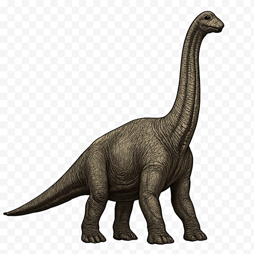 A realistic Brachiosaurus dinosaur standing tall on a transparent background. It has a long neck raised high, with a relatively small head featuring gentle eyes and a rounded snout. The body is massive and bulky, covered with textured grayish-brown scales showing subtle wrinkles and muscle definition. Its front legs are noticeably longer than the hind legs, giving it a distinctive sloping back. The tail is thick and extends straight behind. The skin texture is rough with detailed scales, emphasizing the dinosaur’s grandeur and calm nature..
In-Game asset.  2d.  High contrast.  No shadows