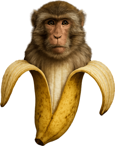 Haz a un macaco con cuerpo de plátano medio abierto, Ultra Realista, sin brazos ni piernas..
In-Game asset.  2d.  High contrast.  No shadows. Ultra Realista