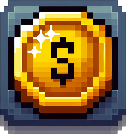 pixel gold coin.
Single Game Texture.  In-Game asset.  2d.  Blank background.  High contrast.  No shadows. coins