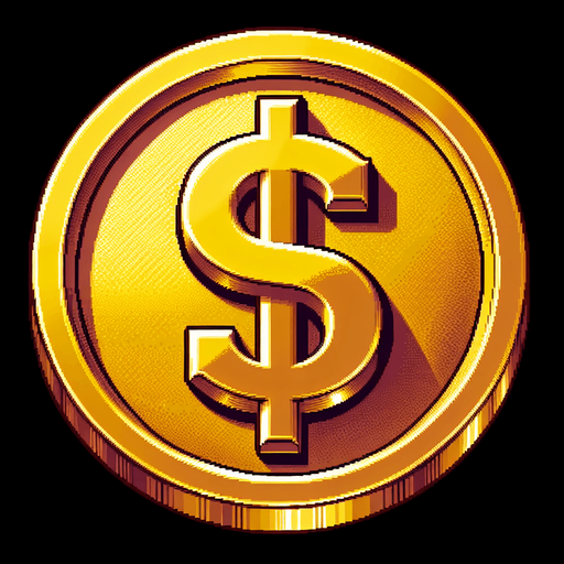 gold coin, $ sign on it, snes art.
Single Game Texture.  In-Game asset.  2d.  Blank background.  High contrast.  No shadows