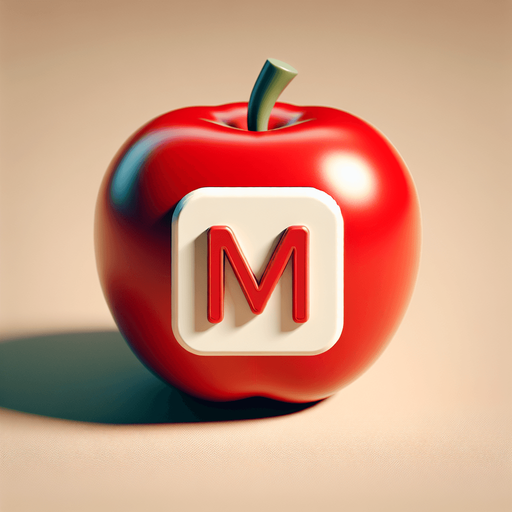 a white sign with a small "m" on a red apple..
Single Game Texture. In-Game asset. 2d. Blank background. High contrast. No shadows.
