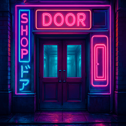 Neon cyberpunk door shop entryway storefront entrance doorway