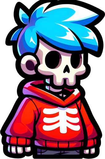 skeleton hair blu felpa rosso.
Single Game Texture.  In-Game asset.  2d.  Blank background.  High contrast.  No shadows