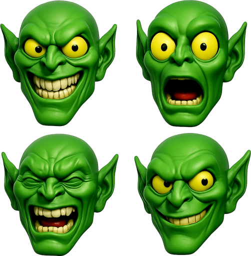 3D Scary but funny and cute face meme green goblin from spiderman movie. only face, different faces look.
In-Game asset.  3D.  High contrast.  No shadows. only face