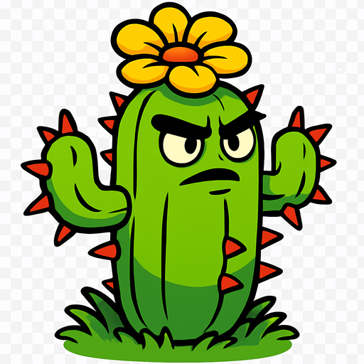 Cactus inspirado en Plants vs. Zombies. Planta verde con cuerpo segmentado cubierto de espinas rojas intensas, aspecto heroico y desafiante. Tiene una flor en la parte superior de color amarillo brillante y ojos decididos mirando hacia el frente. Postura erguida sobre césped, sin atacar, con estilo caricaturesco, líneas limpias, colores vivos y sin sombras. Fondo transparente, ideal como asset 2D para videojuego..
In-Game asset.  2d.  High contrast.  No shadows